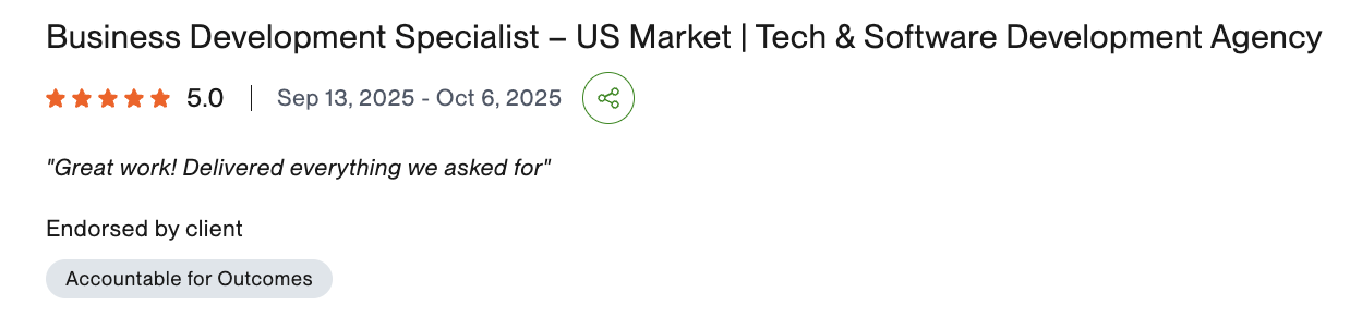 Upwork contract — Business Development Specialist, US Market, Tech and Software Development Agency, 5.0