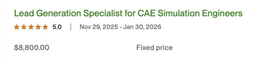 Upwork contract — Lead Generation Specialist for CAE Simulation Engineers, 5.0 stars, $8,800