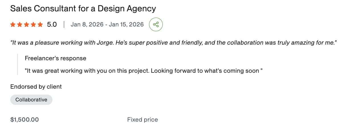 Upwork contract — Sales Consultant for a Design Agency, 5.0, $1,500