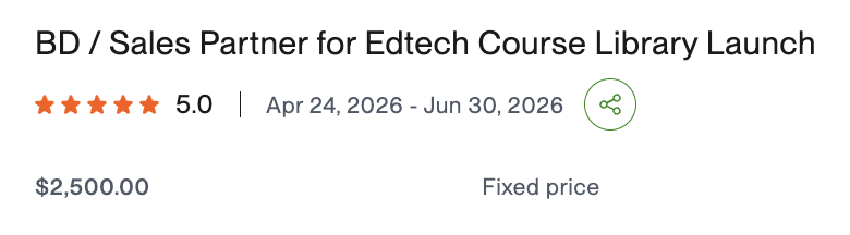 Upwork contract — BD / Sales Partner for Edtech Course Library Launch, 5.0 stars, $2,500