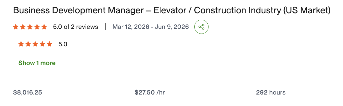 Upwork contract — Business Development Manager, Elevator / Construction Industry (US Market), 5.0 of 2 reviews