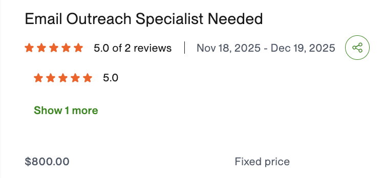 Upwork contract — Email Outreach Specialist Needed, 5.0 of 2 reviews, $800
