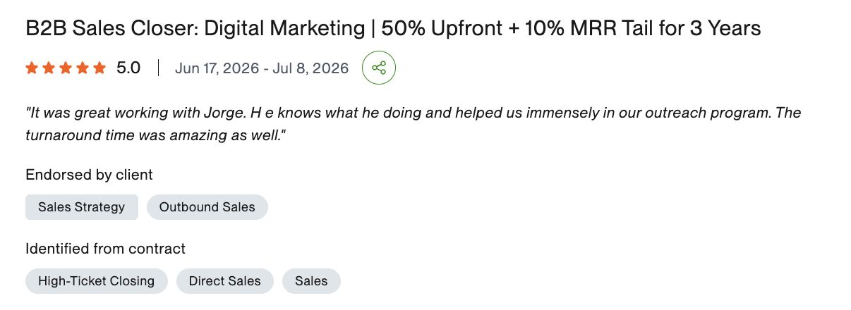 Upwork contract — B2B Sales Closer: Digital Marketing, 5.0 stars, endorsed by client: It was great working with Jorge. He knows what he is doing and helped us immensely in our outreach program. The turnaround time was amazing as well.