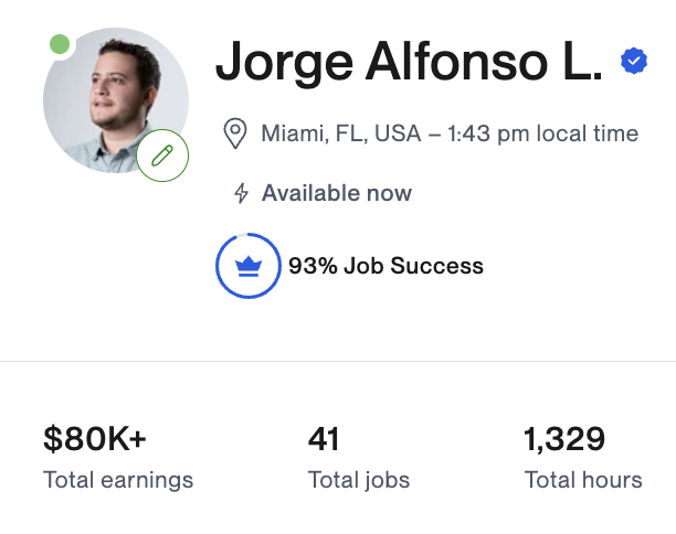 Upwork profile — Jorge Alfonso L., 93% Job Success, $80K+ earned, 41 jobs