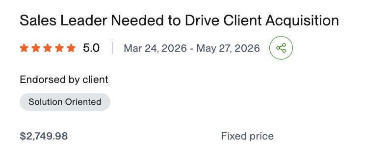 Upwork contract — Sales Leader Needed to Drive Client Acquisition, 5.0, endorsed by client