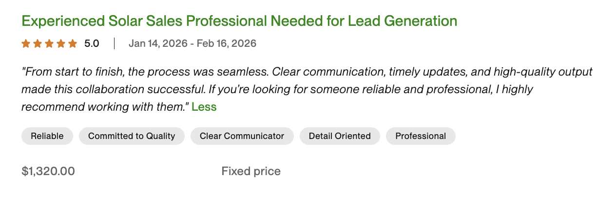 Upwork contract — Experienced Solar Sales Professional, 5.0 stars, client review